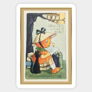 Cute Halloween Pumpkin Girl Reading Books Under Tree Owls Sticker